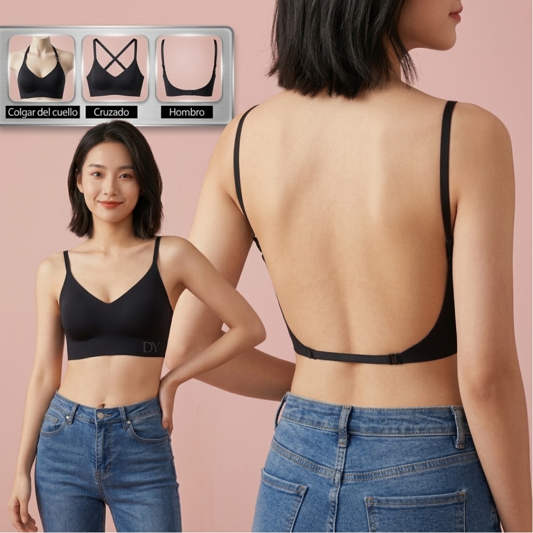 Sujetador invisible para mujer con escote profundo en U y espalda descubierta; lencería sexy con tirante transparente, efecto push-up y sin tirantes.