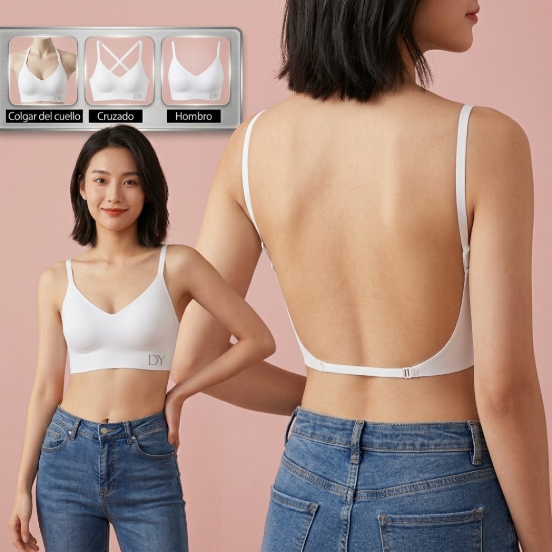 Sujetador invisible para mujer con escote profundo en U y espalda descubierta; lencería sexy con tirante transparente, efecto push-up y sin tirantes.