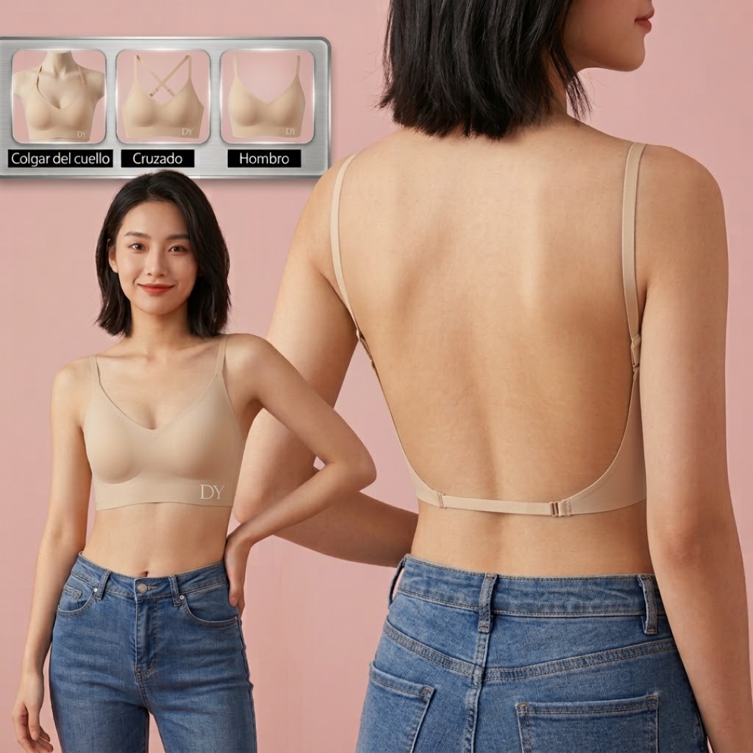 Sujetador invisible para mujer con escote profundo en U y espalda descubierta; lencería sexy con tirante transparente, efecto push-up y sin tirantes.