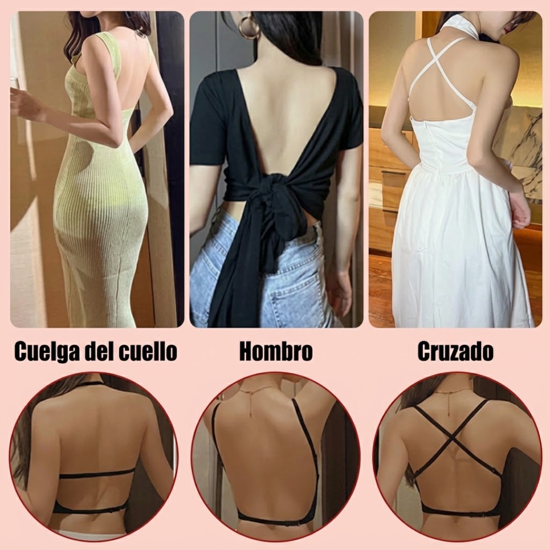 Sujetador invisible para mujer con escote profundo en U y espalda descubierta; lencería sexy con tirante transparente, efecto push-up y sin tirantes.
