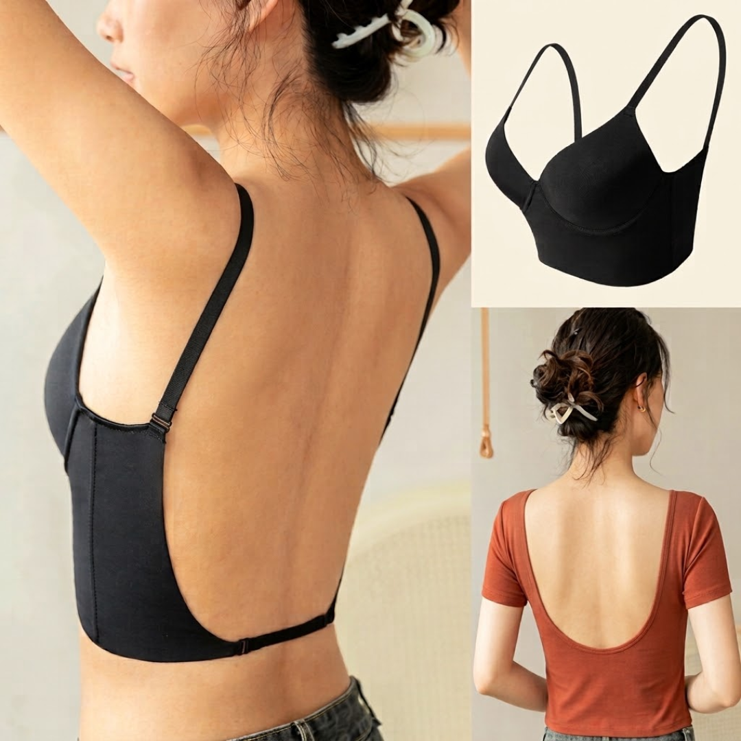 Sujetador invisible para mujer con escote profundo en U y espalda descubierta; lencería sexy con tirante transparente, efecto push-up y sin tirantes.