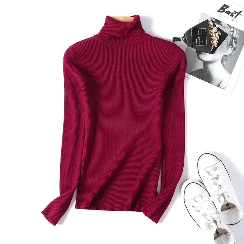 Suéter de Punto de Manga Larga para Mujer, Otoño Invierno 2026, Cuello Alto Plegable, Acanalado, Suave y Cálido, Jersey Femenino