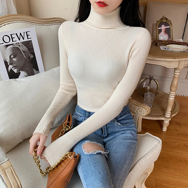 Suéter de Punto de Manga Larga para Mujer, Otoño Invierno 2026, Cuello Alto Plegable, Acanalado, Suave y Cálido, Jersey Femenino