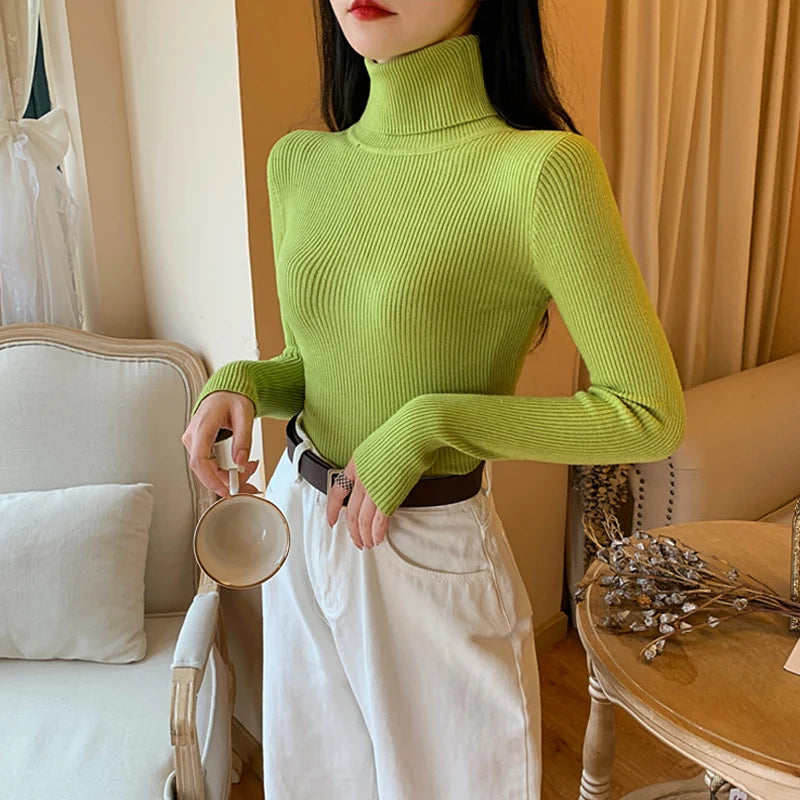 Suéter de Punto de Manga Larga para Mujer, Otoño Invierno 2026, Cuello Alto Plegable, Acanalado, Suave y Cálido, Jersey Femenino
