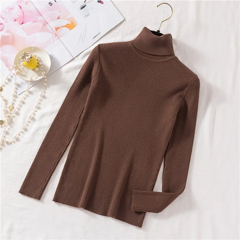 Suéter de Punto de Manga Larga para Mujer, Otoño Invierno 2026, Cuello Alto Plegable, Acanalado, Suave y Cálido, Jersey Femenino