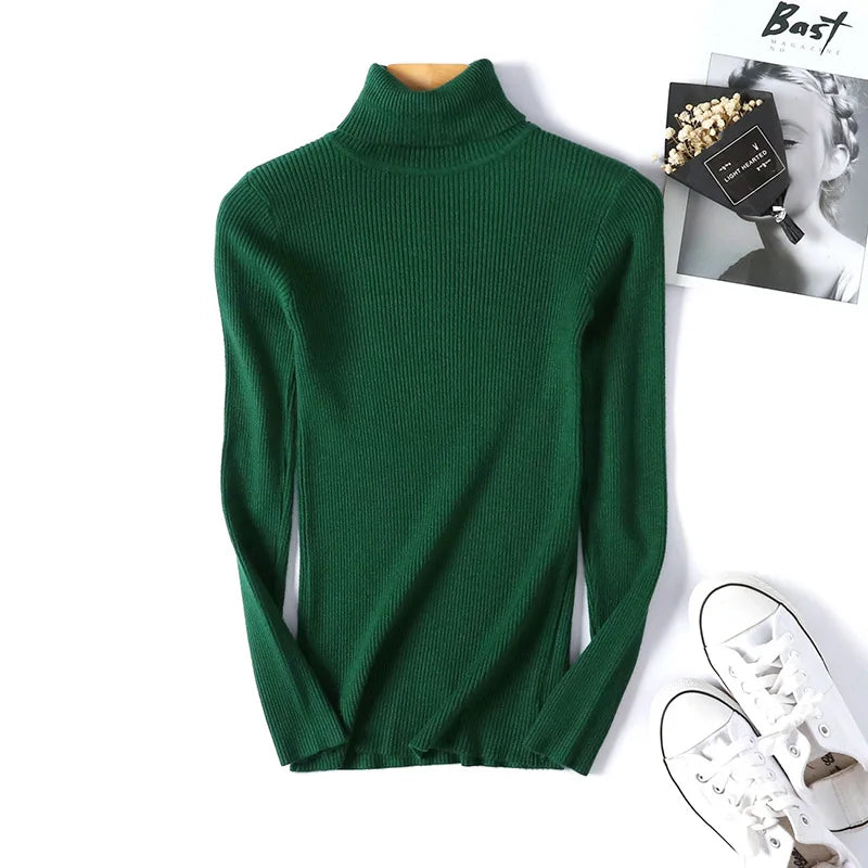 Suéter de Punto de Manga Larga para Mujer, Otoño Invierno 2026, Cuello Alto Plegable, Acanalado, Suave y Cálido, Jersey Femenino