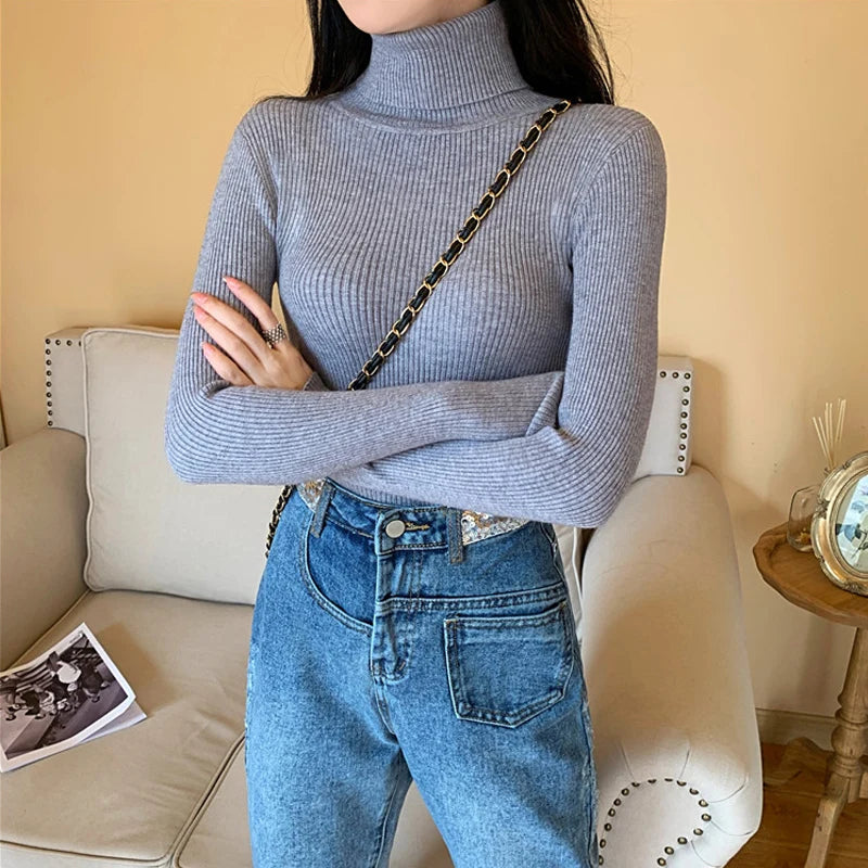 Suéter de Punto de Manga Larga para Mujer, Otoño Invierno 2026, Cuello Alto Plegable, Acanalado, Suave y Cálido, Jersey Femenino