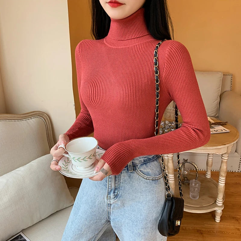Suéter de Punto de Manga Larga para Mujer, Otoño Invierno 2026, Cuello Alto Plegable, Acanalado, Suave y Cálido, Jersey Femenino