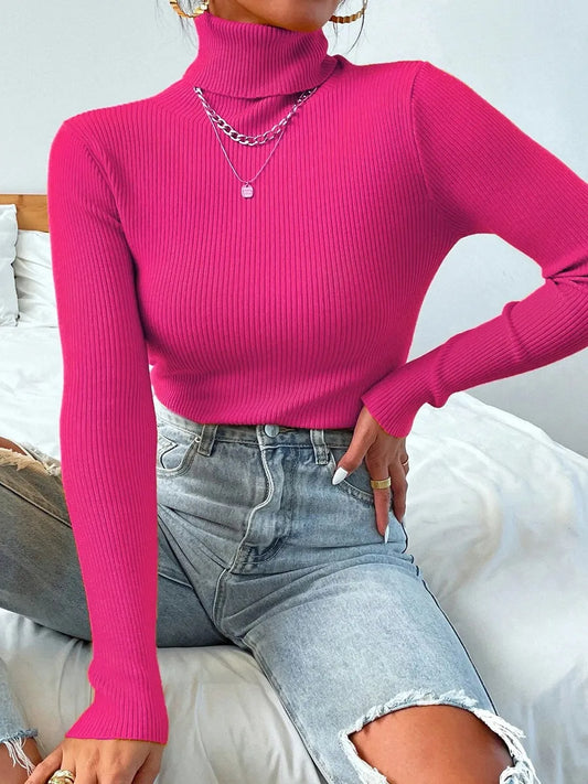 Suéter de Punto de Manga Larga para Mujer, Otoño Invierno 2026, Cuello Alto Plegable, Acanalado, Suave y Cálido, Jersey Femenino