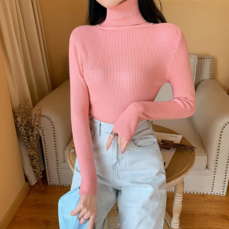 Suéter de Punto de Manga Larga para Mujer, Otoño Invierno 2026, Cuello Alto Plegable, Acanalado, Suave y Cálido, Jersey Femenino
