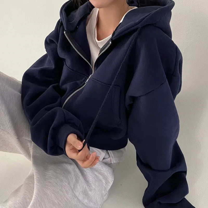 Sudadera con capucha para mujer, estilo tendencia, versátil, corte corto, forro polar.