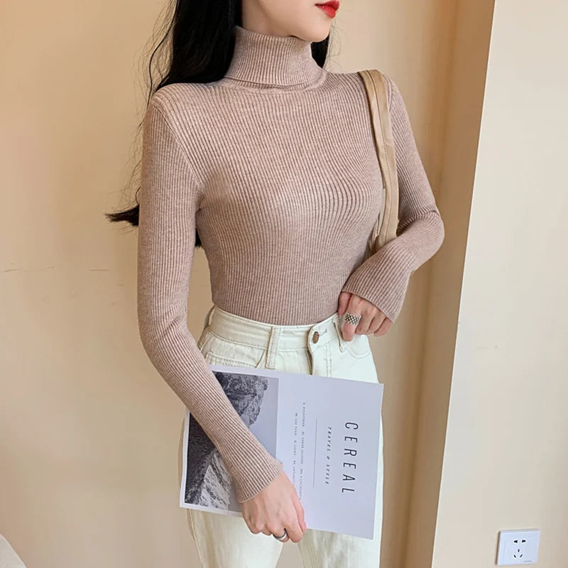Suéter de Punto de Manga Larga para Mujer, Otoño Invierno 2026, Cuello Alto Plegable, Acanalado, Suave y Cálido, Jersey Femenino