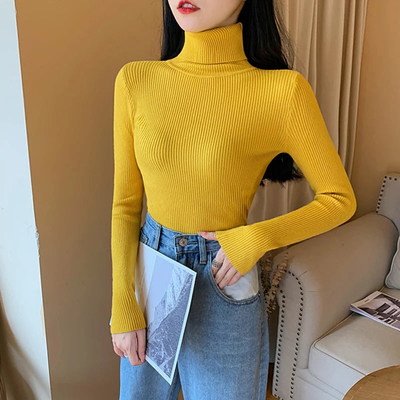 Suéter de Punto de Manga Larga para Mujer, Otoño Invierno 2026, Cuello Alto Plegable, Acanalado, Suave y Cálido, Jersey Femenino