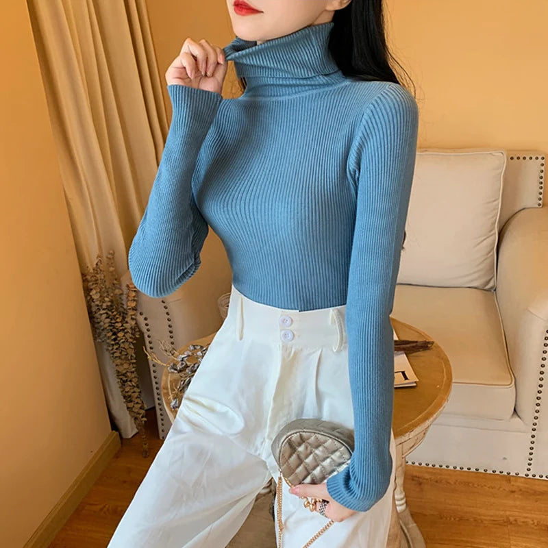 Suéter de Punto de Manga Larga para Mujer, Otoño Invierno 2026, Cuello Alto Plegable, Acanalado, Suave y Cálido, Jersey Femenino