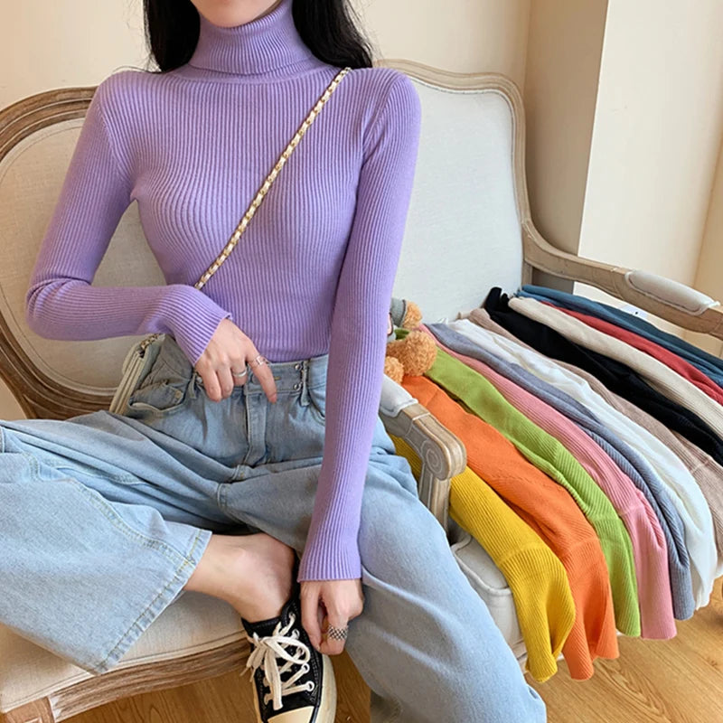 Suéter de Punto de Manga Larga para Mujer, Otoño Invierno 2026, Cuello Alto Plegable, Acanalado, Suave y Cálido, Jersey Femenino
